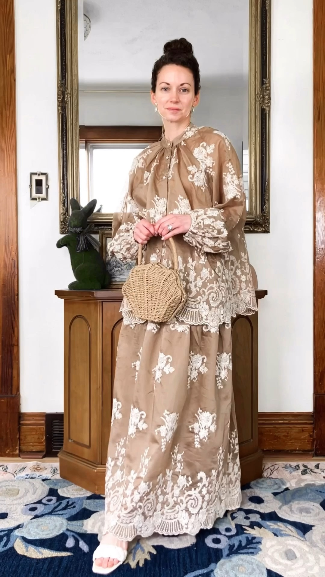 A beautiful embroidered skirt and top set!
Set from Chicwish. 
Seashell raffia bag from Chicwish. 
Block heels are old, linking similar. 
Floral satin robe from Amazon  
Petite outfit. Modest outfit. Spring outfit. Vacation outfit. 

#LTKmomlife #LTKOver40 #LTKootd