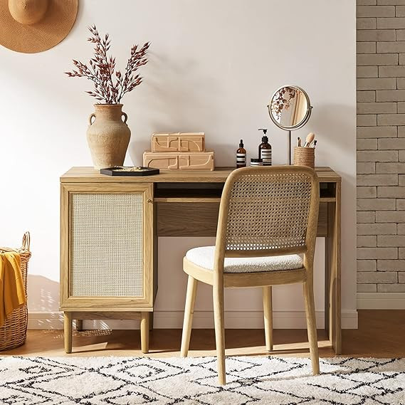 mopio Haylee Farmhouse Rattan Study Desk with Adjustable Shelf Storage Space | Amazon (US)