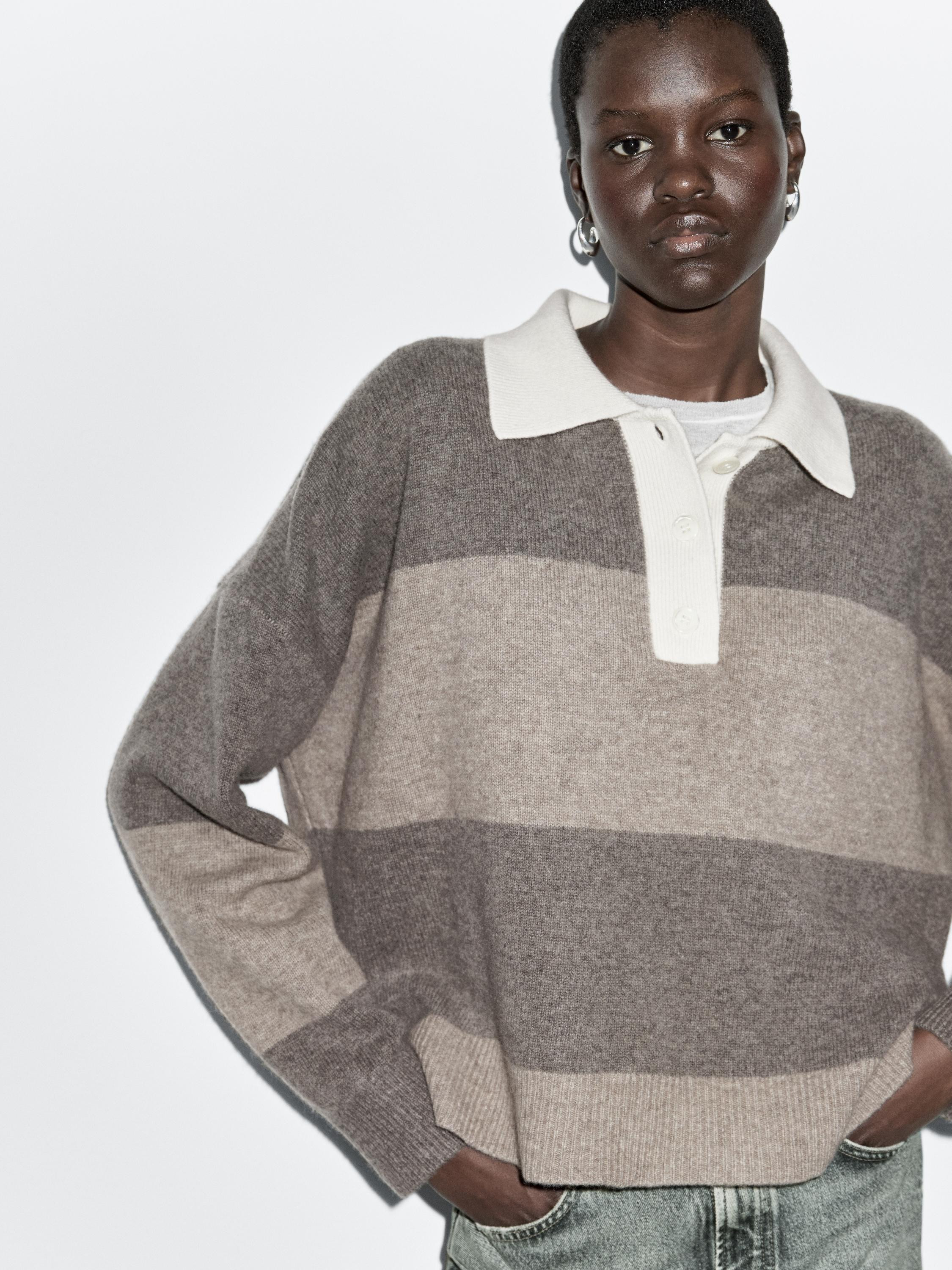 Striped wool blend polo sweater | Massimo Dutti UK