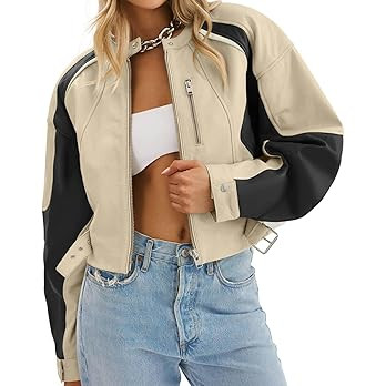 Tankaneo Womens Faux Leather Bomber Jackets Cropped Zip Up Color Block Fall Casual Moto Biker Coa... | Amazon (US)