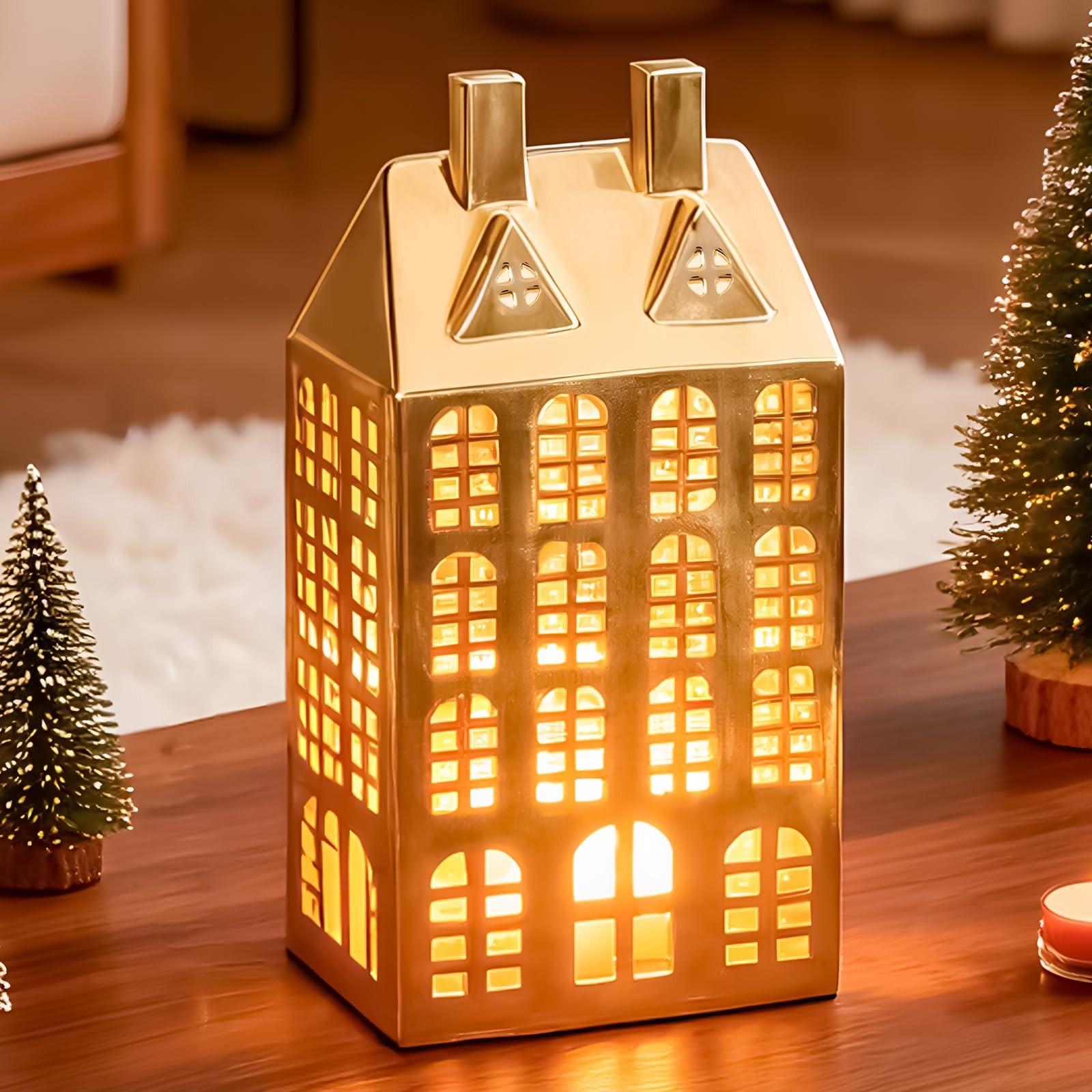 DN DECONATION Christmas Village House Decorations Lighted, Gold Ceramic House Decor, Christmas To... | Amazon (US)