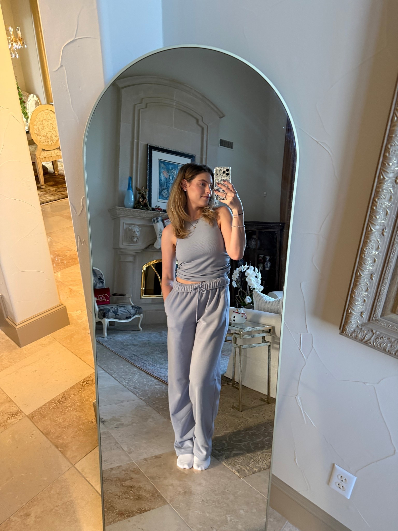 A cute comfy sweat set from Alo yoga! In their new winter frost color which honestly would be perfect for thanksgiving because these sweats have some room for you to be cozy after you eat lots of turkey 🦃 

Top - small 
Bottoms - extra small 

#LTKActive #LTKHoliday