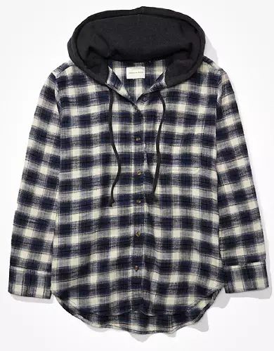 AE Plaid Flannel Hooded Button Up Shirt | American Eagle Outfitters (US & CA)