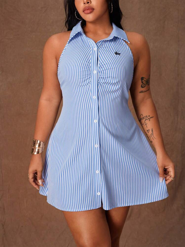 SHEIN CURVE+ Plus Size Women Striped & Floral Print Button Front Casual Sleeveless Dress | SHEIN
