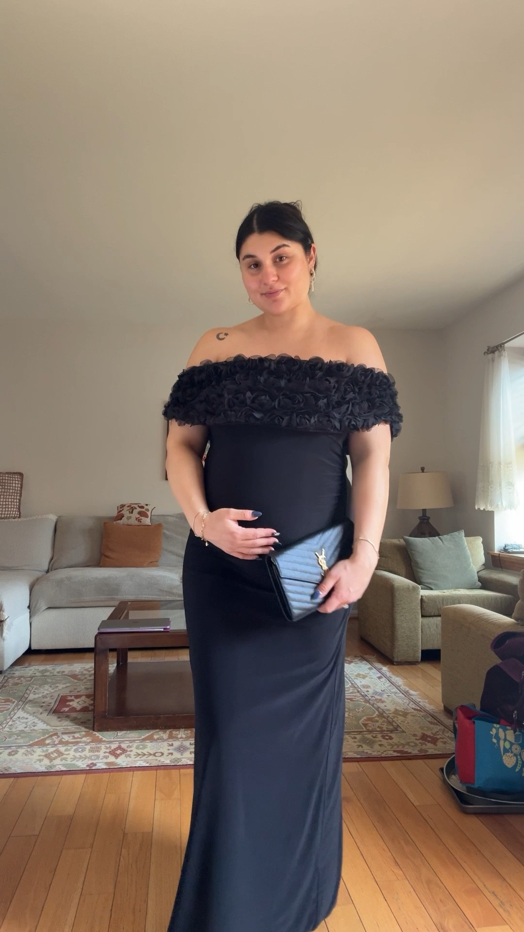 Maternity wedding guest dress 
Black long dress 
Off the shoulder maternity dress 


#LTKBump #LTKgrwm