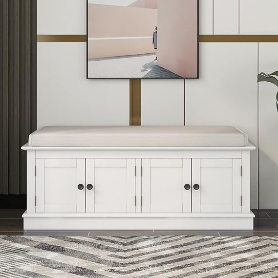 FRANSOUL Storage 4 Doors and Adjustable Shelves, Shoe Bench w/Removable Cushion & Seating for Ent... | Amazon (US)