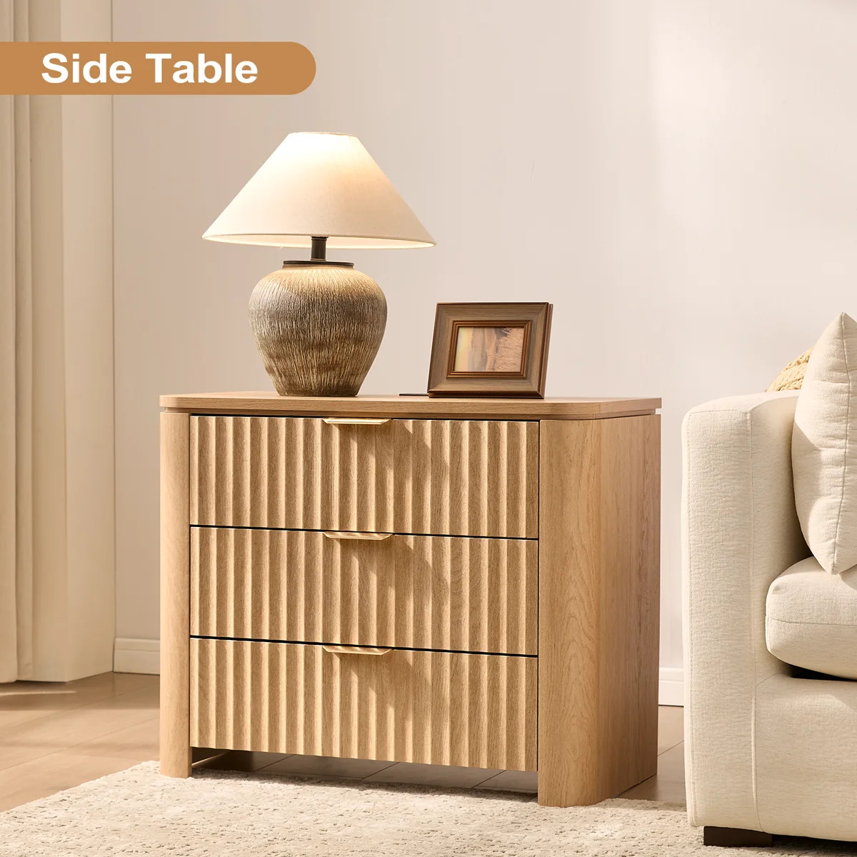 Fluted 3 Drawers Nightstand with Charging Station,Natural Oak,1Pcs | Wayfair North America