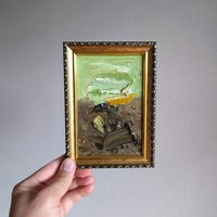 Small Abstract Oil Painting Green, White, & Gold Framed Miniature Art | Etsy (US)