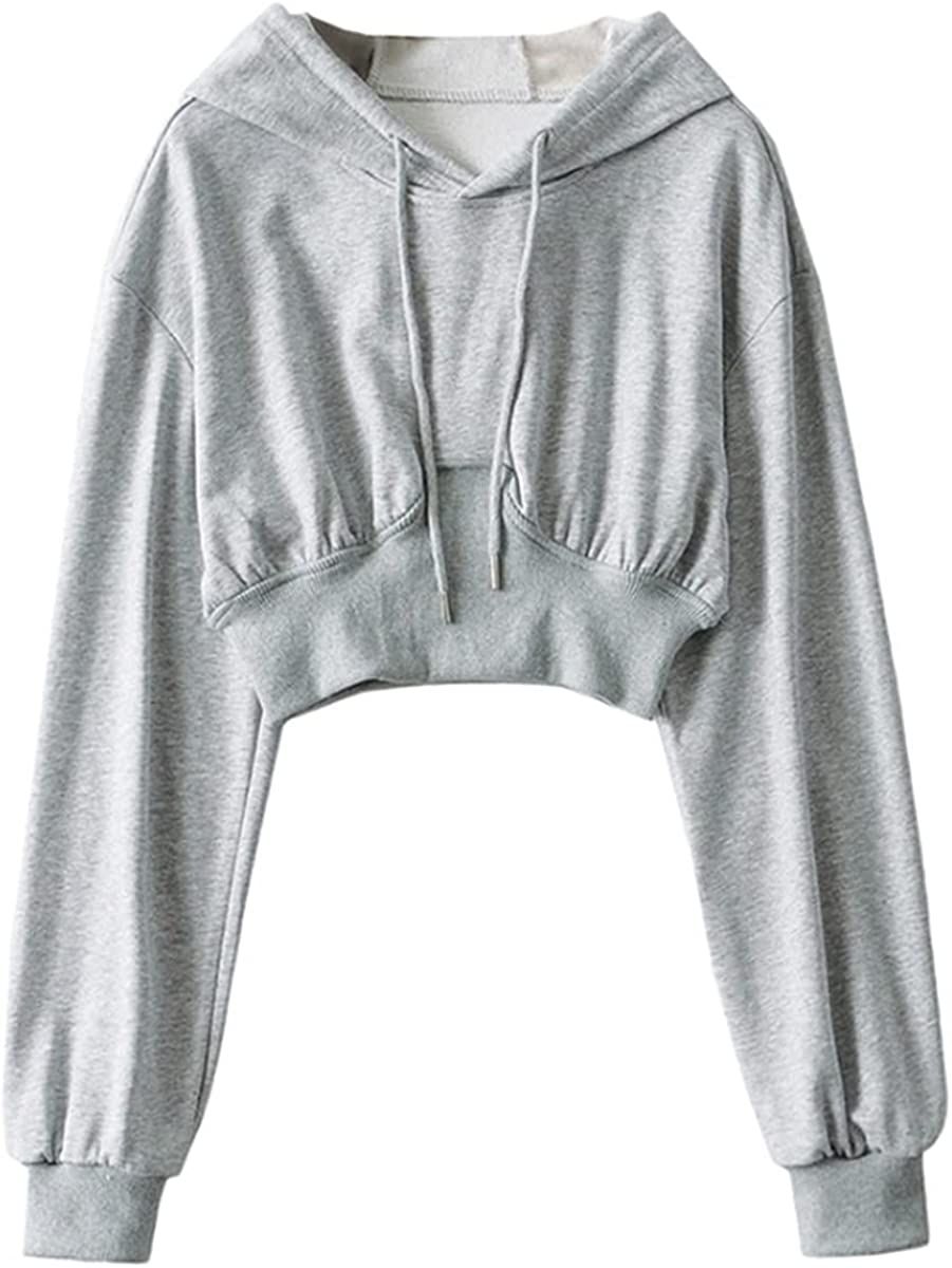 Oiefeen Women's Long Sleeve Sweatshirt Waist Drawstring Short Top High Waist Hoodie | Amazon (US)