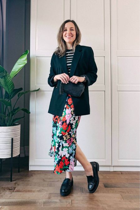 Floral midi skirt outfit but with a workwear twist! Black blazer, stripe tee, black loafers. Business casual  

#LTKWorkwear #LTKOver40 #LTKFindsUnder50