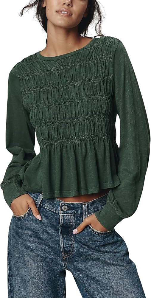 Womens Smocked Long Sleeve Top Pullover Blouse Peplum Hem Casual Lightweight Shirt | Amazon (US)