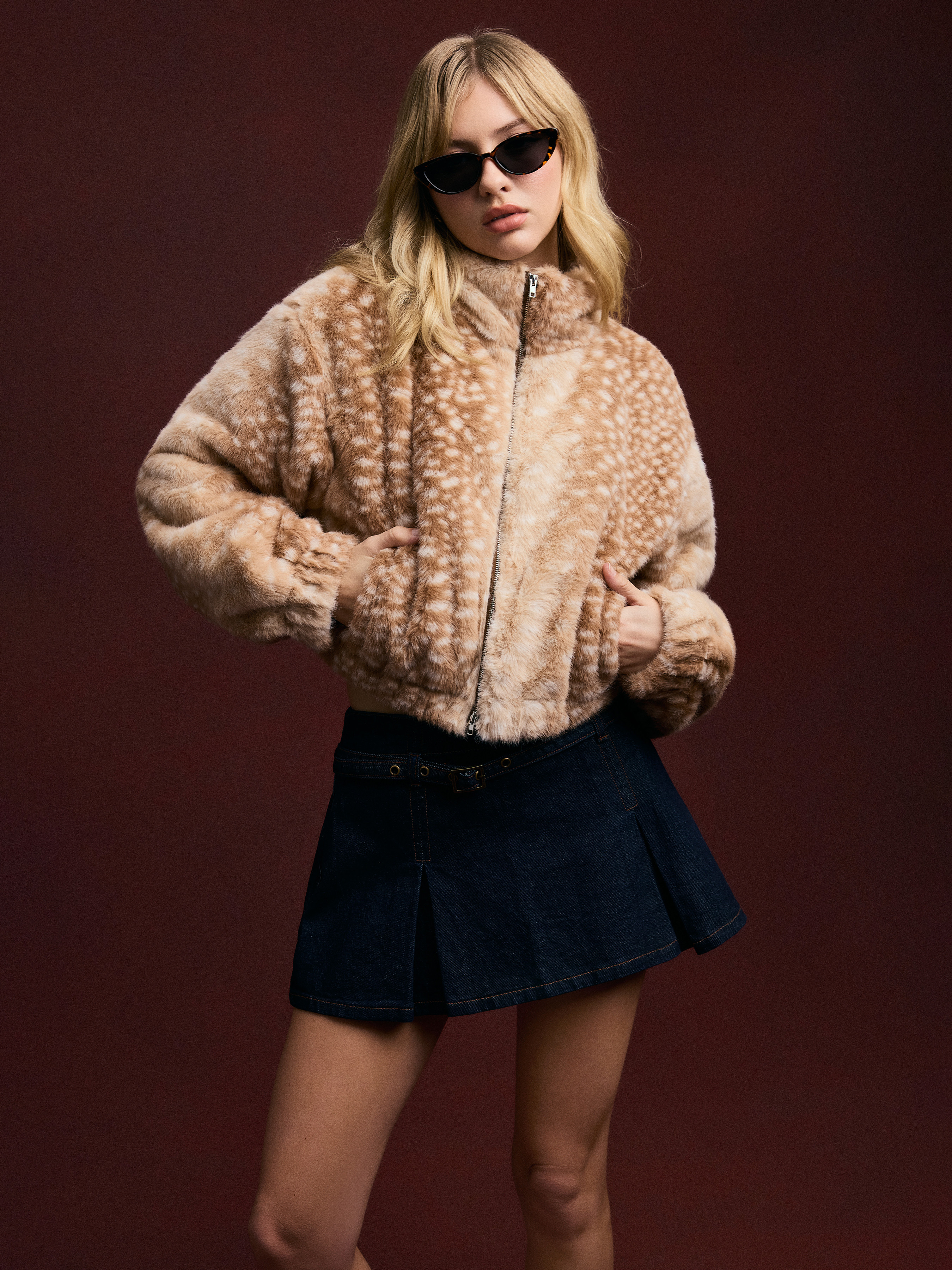 Faux Fur Faux Fur Deer Print High Neck Zip Through Jacket For Daily Casual | Cider