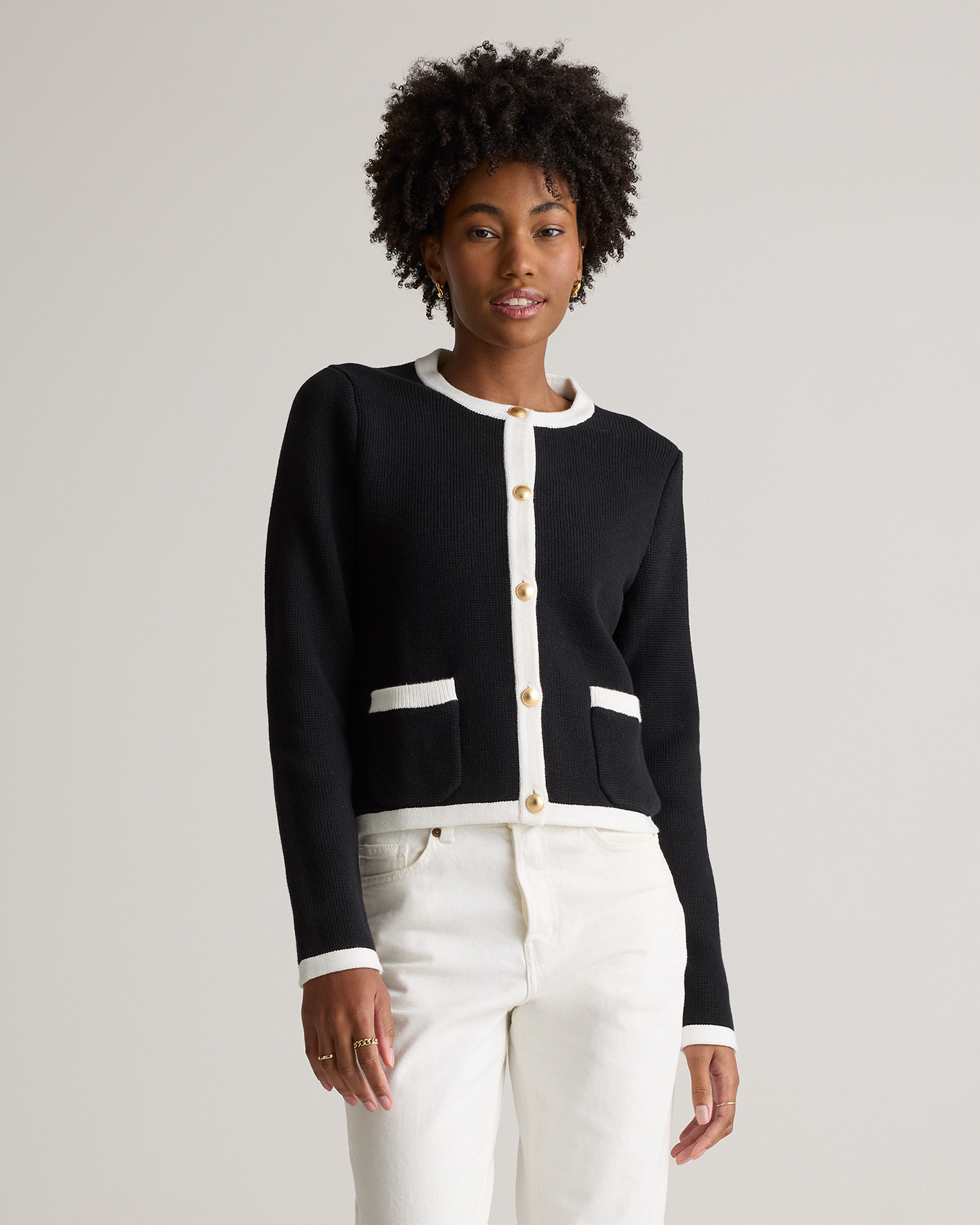 Quince | Women's Sweater Jacket in Black/Ivory Colorblock, Size XL, Organic Cotton | Quince