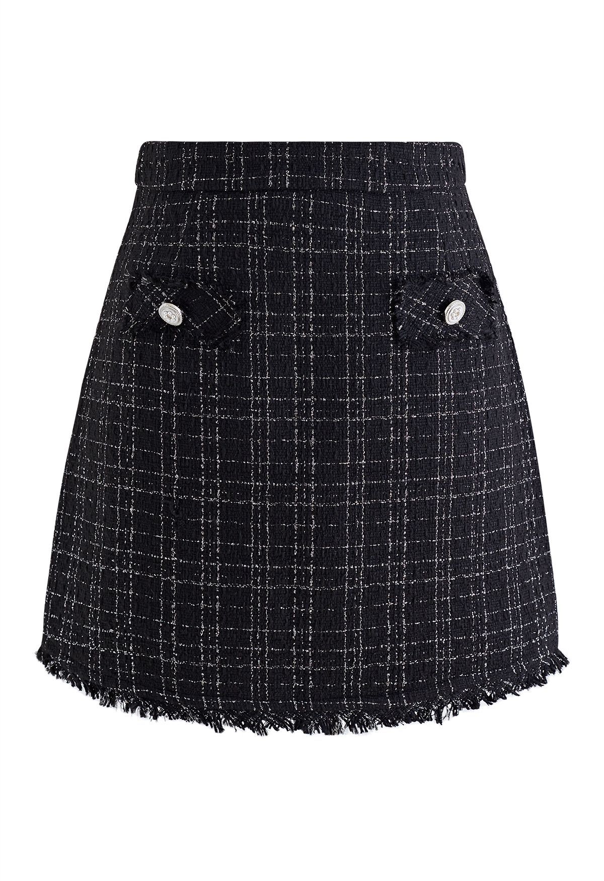 Grid Tweed Mini Bud Skirt in Black | Chicwish