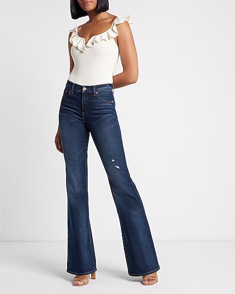 Mid Rise Dark Wash 70s Flare Jeans | Express