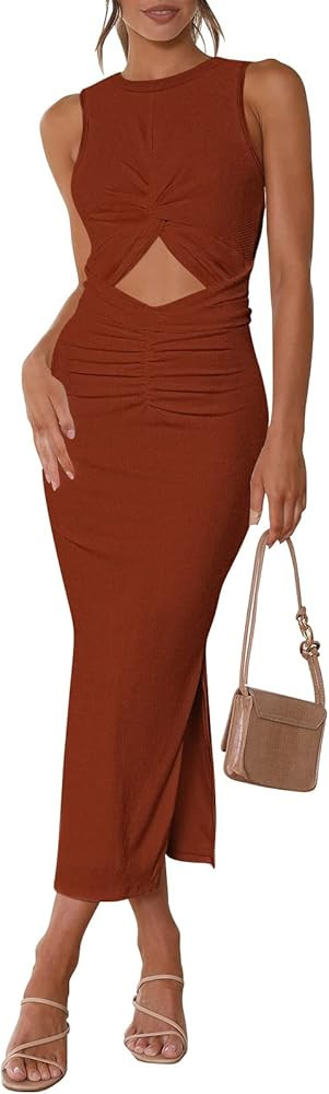 Meenew Women's Sleeveless Summer Long Bodycon Dress Twist Cutout Midi Sheath Dress Ruched Tie Bac... | Amazon (US)