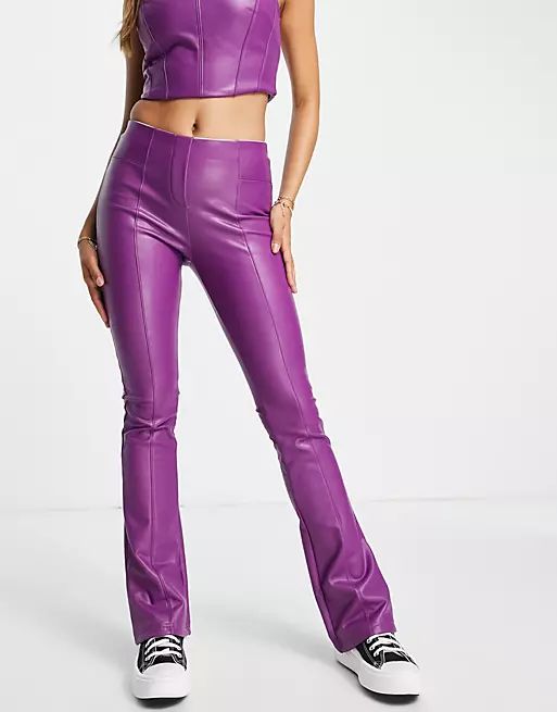 Miss Selfridge faux leather kickflare pants in purple | ASOS (Global)