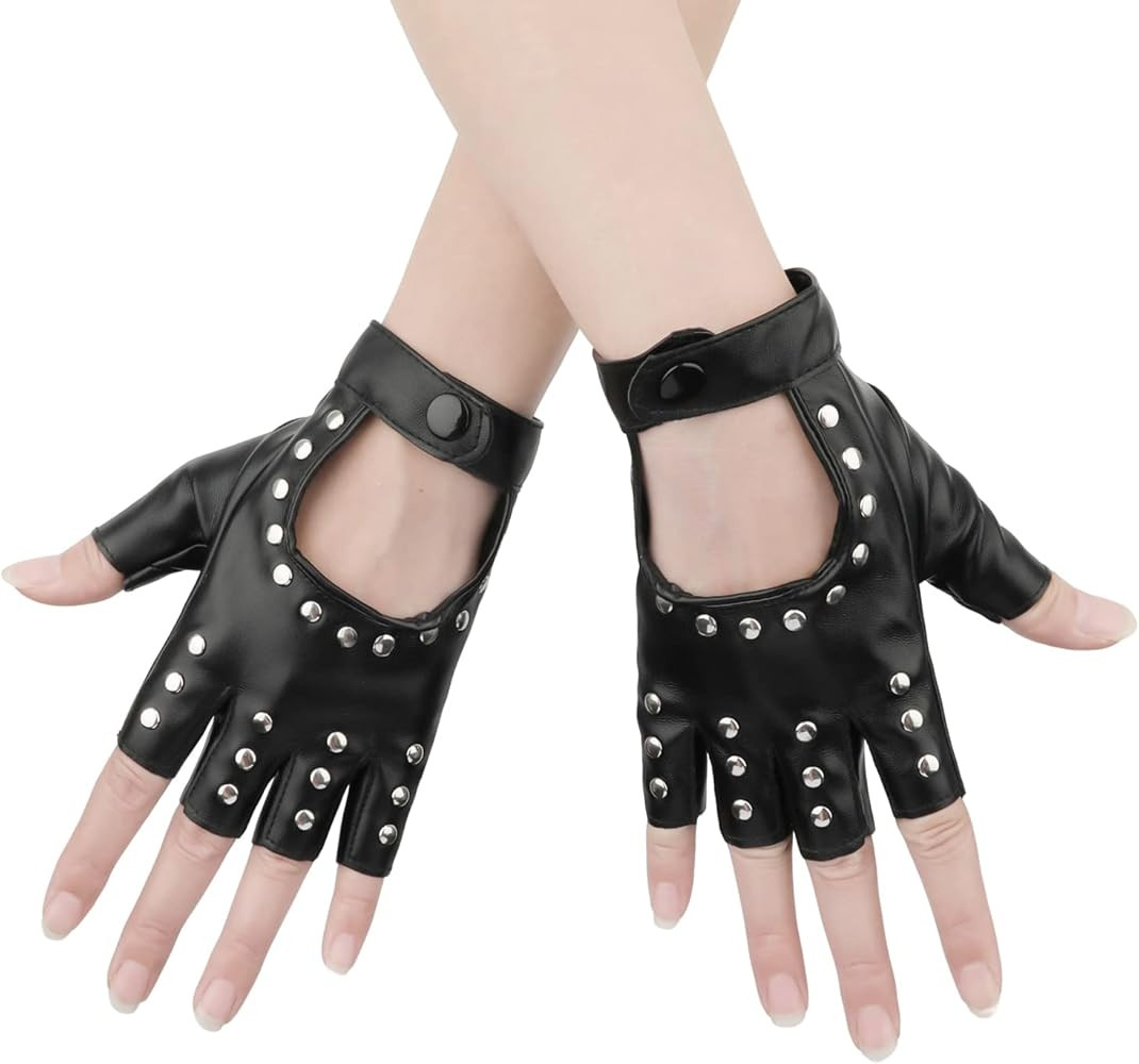 1 Pair Half Finger Leather Gloves, Stylish Fingerless Leather Gloves Biker Punk Gloves for Hallow... | Amazon (US)