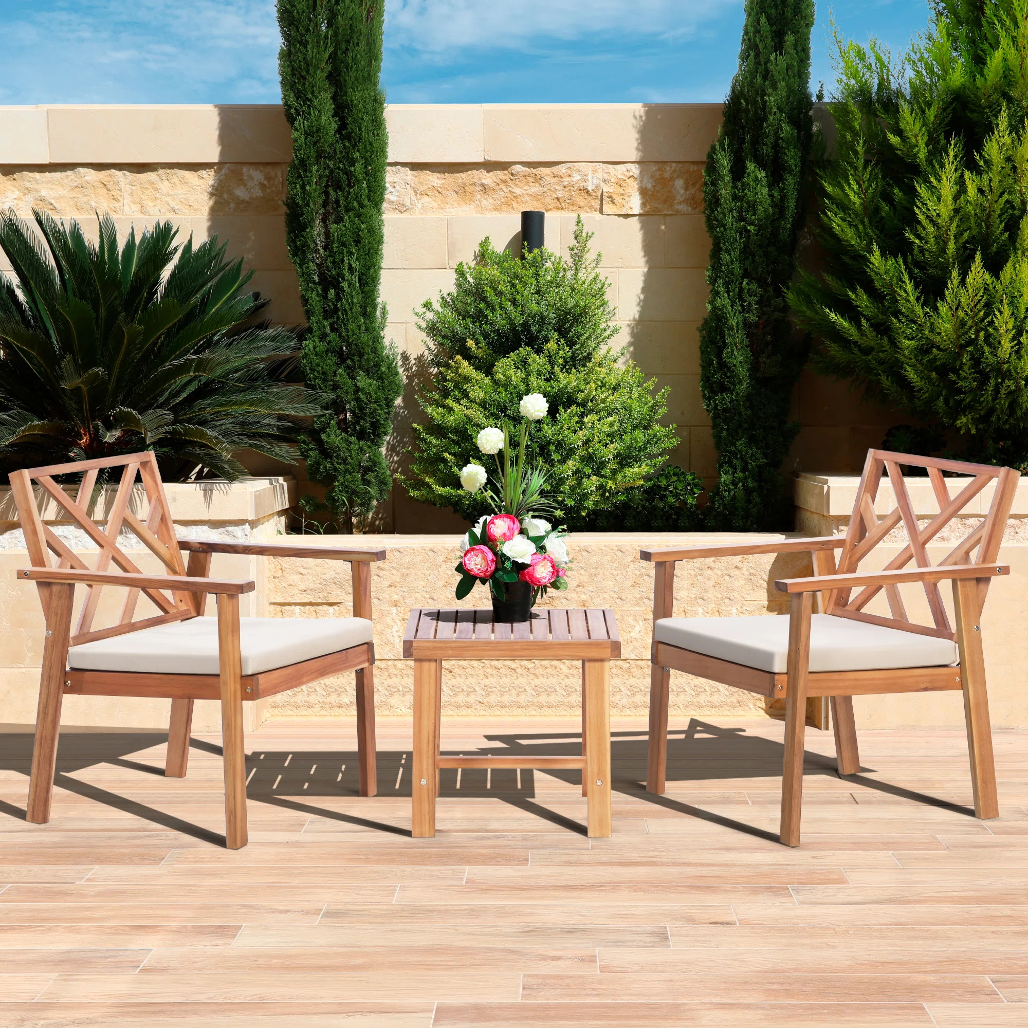 Designs Outdoor Furniture 3 Piece Acacia Wood Patio Furniture Set with Cushions | Wayfair North America