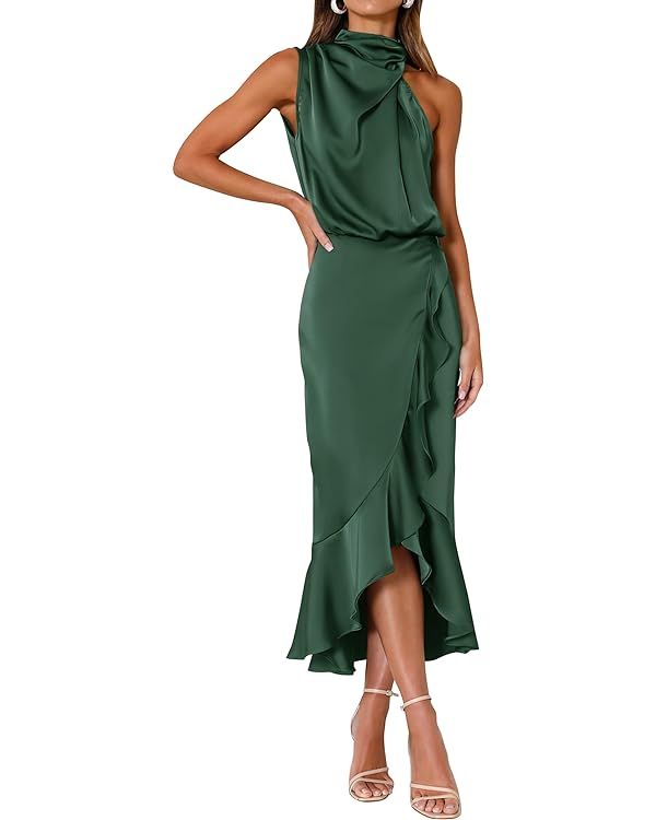 KIRUNDO Womens 2023 Summer Satin Mock Neck Party Cocktail Midi Dress Sleeveless Wrap Ruffle Merma... | Amazon (US)