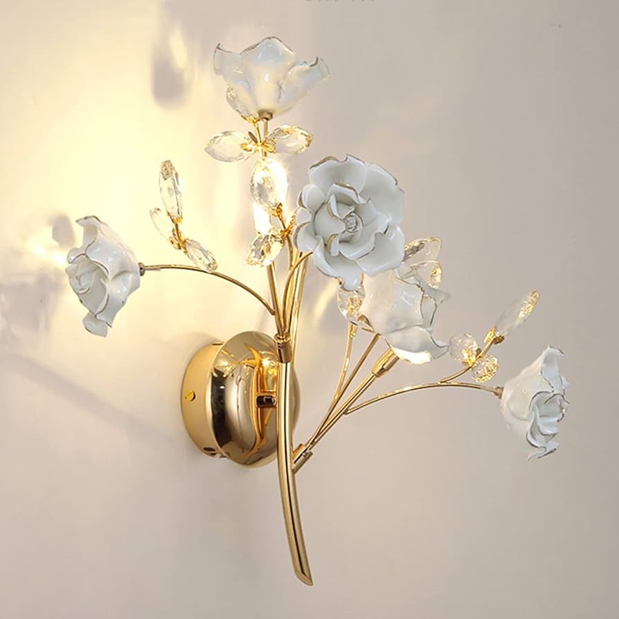 Ceramics Rose Wall Lamp, European Modern Living Room Staircase Corridor Creative Bedroom Crystal ... | Amazon (US)
