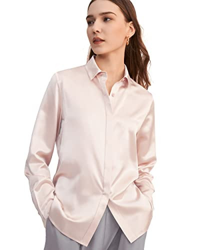 LilySilk Women's 100% Silk Blouse Button Up Lady Shirt 22 Momme Work Silk Top (Light Beige, X-Small) | Amazon (US)