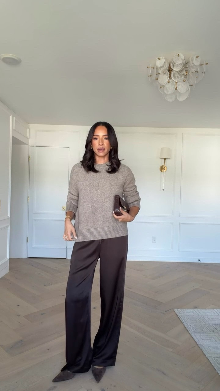 Up to 30% off abercrombie sweaters!! This is the perfect fall outfit that’s elevated but still so comfy! Wearing size S sweater (size up for a more oversized fit) and size XS Long satin pants - I'm 5'8" for reference 🤎 

Abercrombie sale, fall outfits, fall fashion, fall sweaters, cashmere sweater, roll neck sweater, date night outfits, dinner outfits
