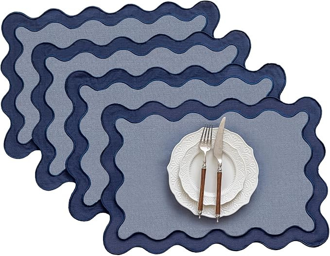 Set of 4,13"x19" Cotton Table Placemats with Wavy Edge, Machine Washable Table Mats for Dining Ta... | Amazon (US)
