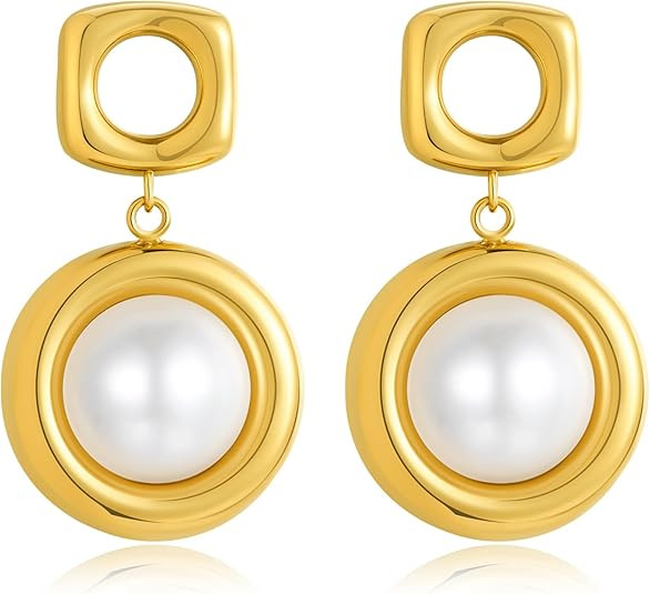 Gold Baroque Pearl Dangle Earrings for Women Trendy Statement Earrings Geometric Earrings Wedding... | Amazon (US)