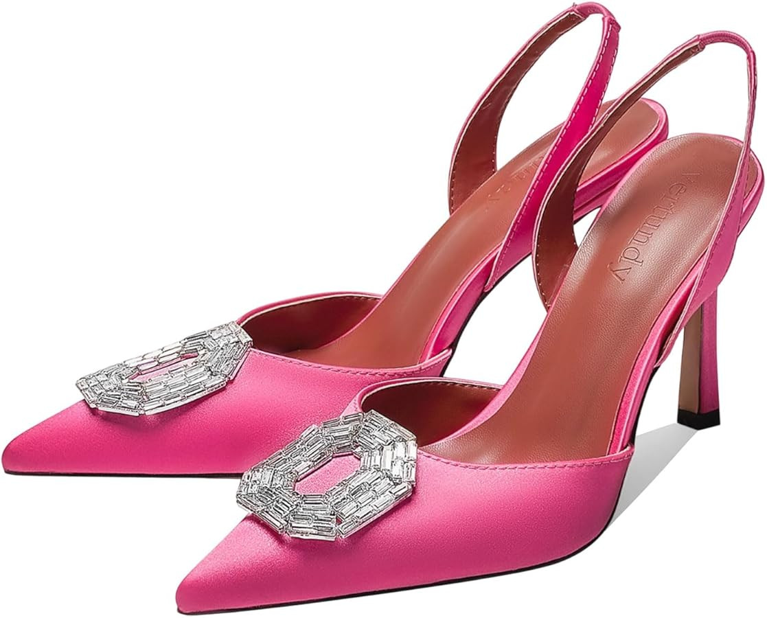 Vertundy Women's Rhinestone Slingback Pumps Pointed Toe Satin Crystal Stiletto High Heels Sandals... | Amazon (US)