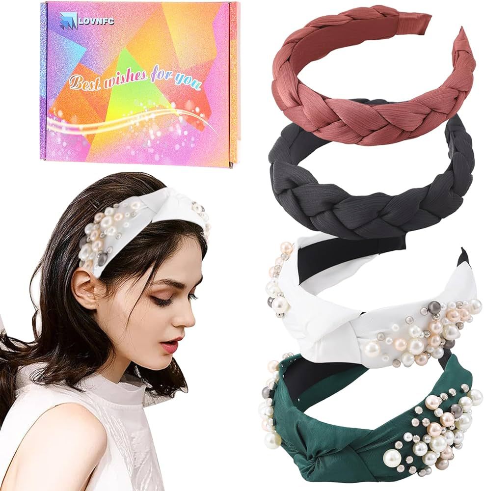 LOVNFC Fashion Knotted Headbands for Women, 4Pcs Braided Pearl Hair Band and Woven Head Wrap Gree... | Amazon (US)