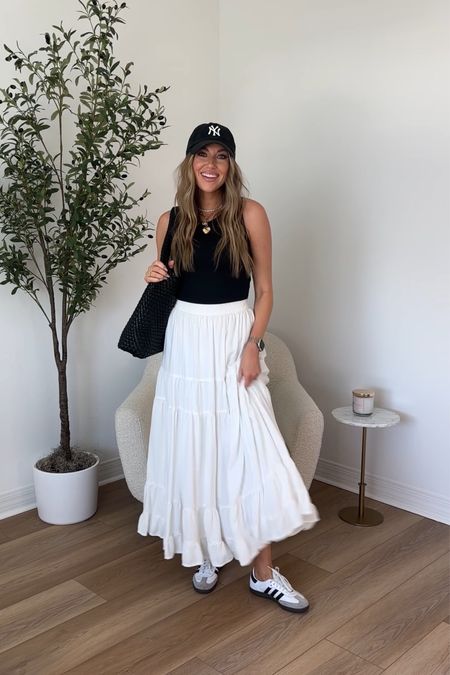 Maxi skirt outfit inspo! Wearing a size small in the skirt and tank 