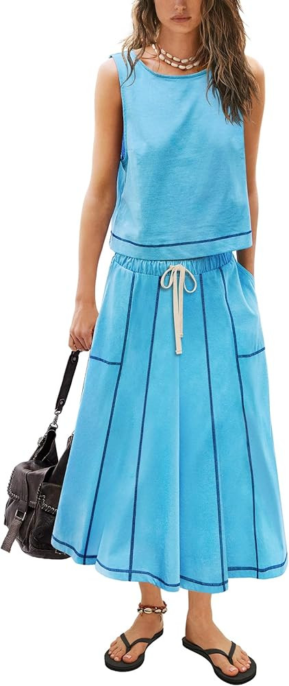 Yanekop Womens Skirt Sets 2 Piece Outfits Casual Summer Sets Vacation Matching Lounge Set Midi Sk... | Amazon (US)