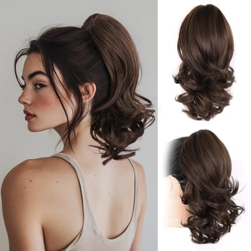 ZQIAN BEAUTY 14 Inch Ponytail Extension - Clip in Ponytail Hair Extensions, Curly Wavy Pony Tails Hair Extensions, Synthetic Claw Clip Ponytail Extension for Women (Color: Chocolate Brown) | Amazon (US)
