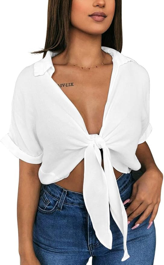 GOBLES Womens Summer Short Sleeve Shirts V Neck Tie Knot Batwing Blouses Tops | Amazon (US)