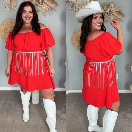 Red mini dress ❤️🧨🇺🇸 Country concert outfit inspo 
Amazon off the shoulder dress XXL (can size down!) 
Rhinestone belt 
White cowboy boots 
Rhinestone cowgirl hat 

#LTKSeasonal #LTKStyleTip #LTKMidsize
