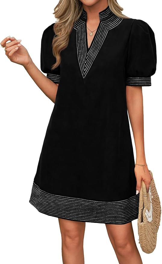 Wenrine Womens Summer V Neck Shift Dresses Casual Puff Short Sleeve Color Block Short Boho Beach ... | Amazon (US)