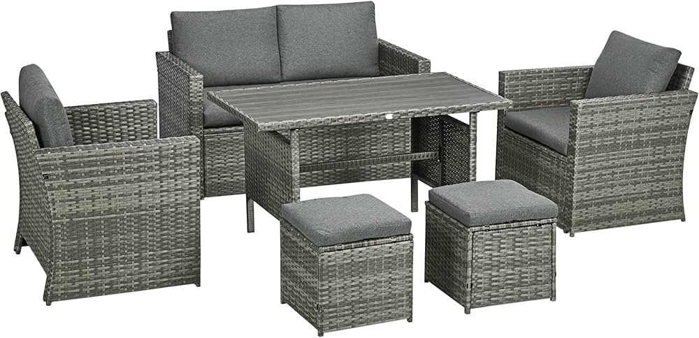 Outsunny 6 Pieces Patio Dining Set, PE Rattan Furniture Set with 2 Chairs Cushions & Outdoor Love... | Amazon (US)