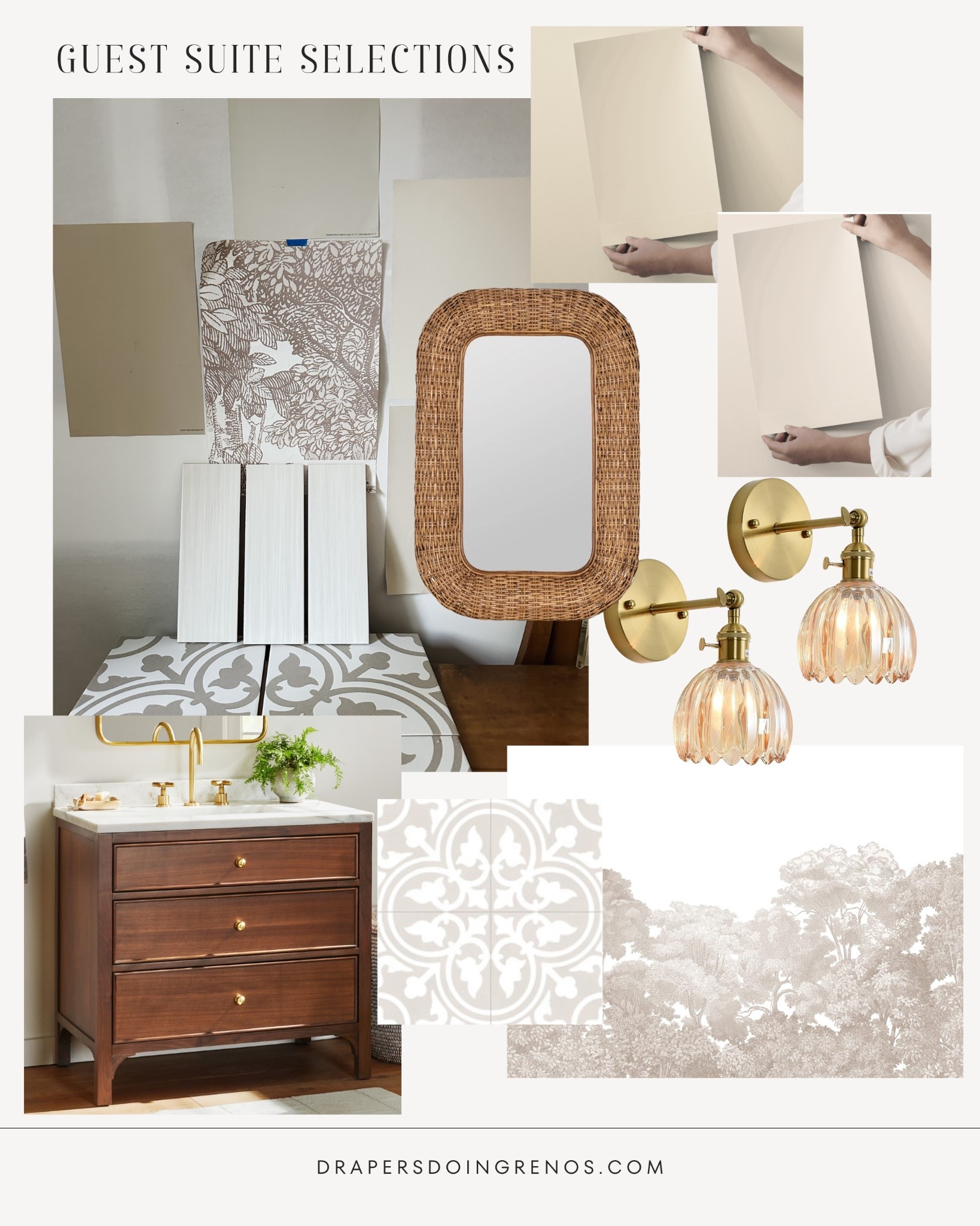 I’m designing this guest suite to feel like a boutique stay tucked inside a real home — warm, classic, and completely untrendy.

• Soft, neutral paint tones (tested in real light — thank uou Samploze)
• A vanity with real furniture feel 
• A woven mirror for texture
• Soft brass fixtures and vintage-inspired lighting
• Botanical wallpaper and quiet patterned tile

These are the pieces I’m building the room around — and I’ve linked everything I could below, including the exact paint samples we used (save 10% with code DRAPER10).

#LTKhome #guestbathroomdesign #timelesshome #designmoodboard #bathroominspo #neutralhome #interiordesigninspo #slowrenovation #drapersdoingrenos #homeinprogress #LTKinterior

#LTKStyleTip #LTKHome