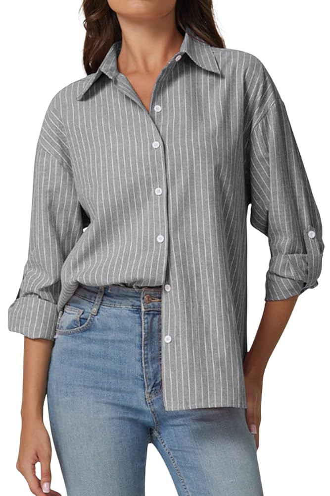 QINSEN Oversized Button Down Shirts for Women Long Sleeve Striped Casual Blouse Cotton Tops | Amazon (US)