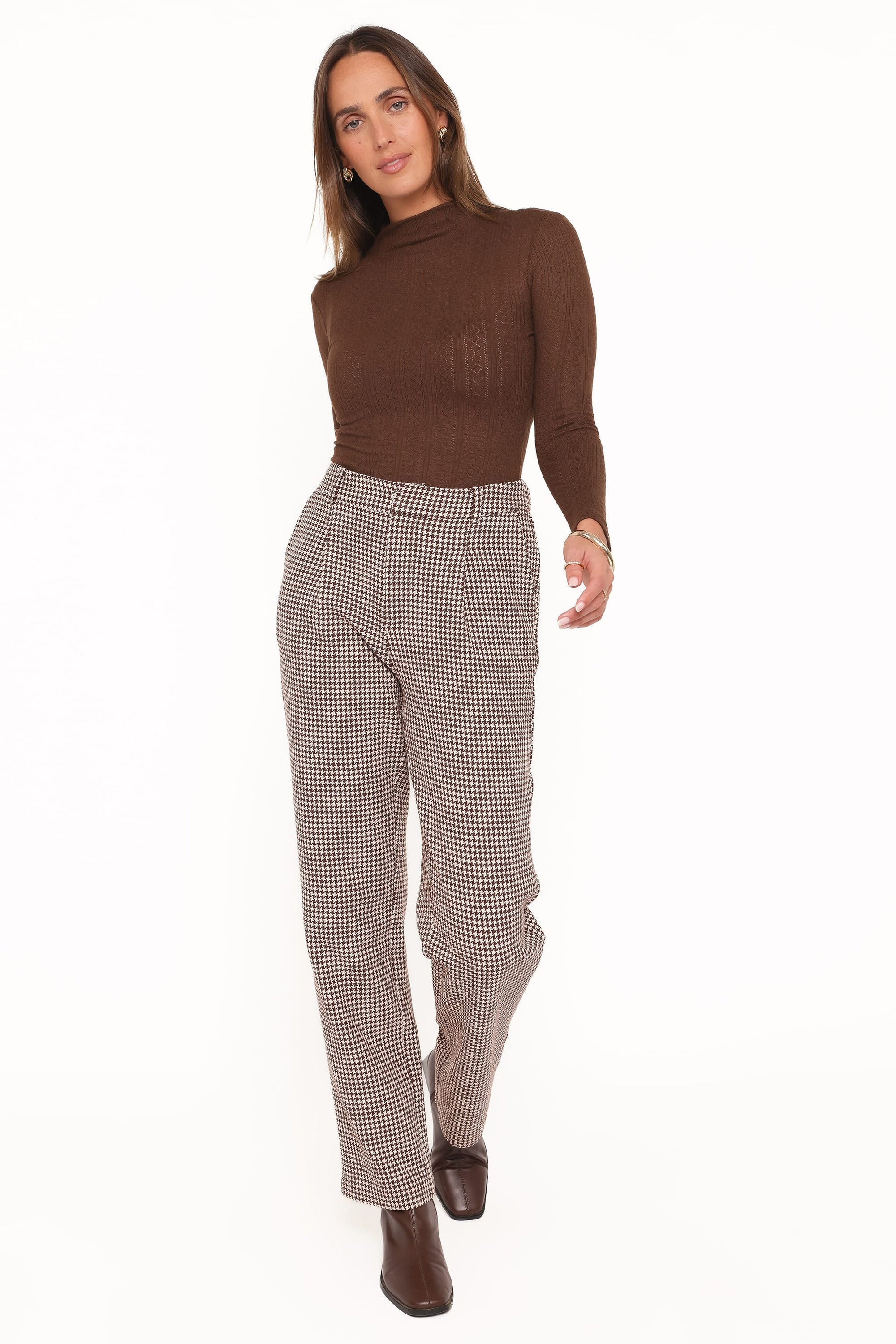 Jessie Straight Leg Trouser Pants - Brown Houndstooth | Petal & Pup (AU)