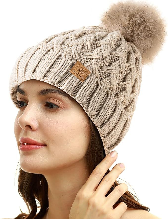 PAGE ONE Womens Winter Ribbed Beanie Crossed Cap Chunky Cable Knit Pompom Soft Warm Hat | Amazon (US)