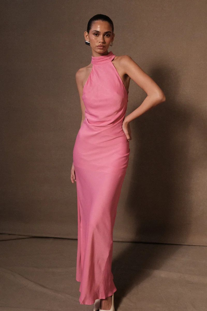 Claire Satin Drape Back Maxi Dress with Split - Pink | MESHKI US