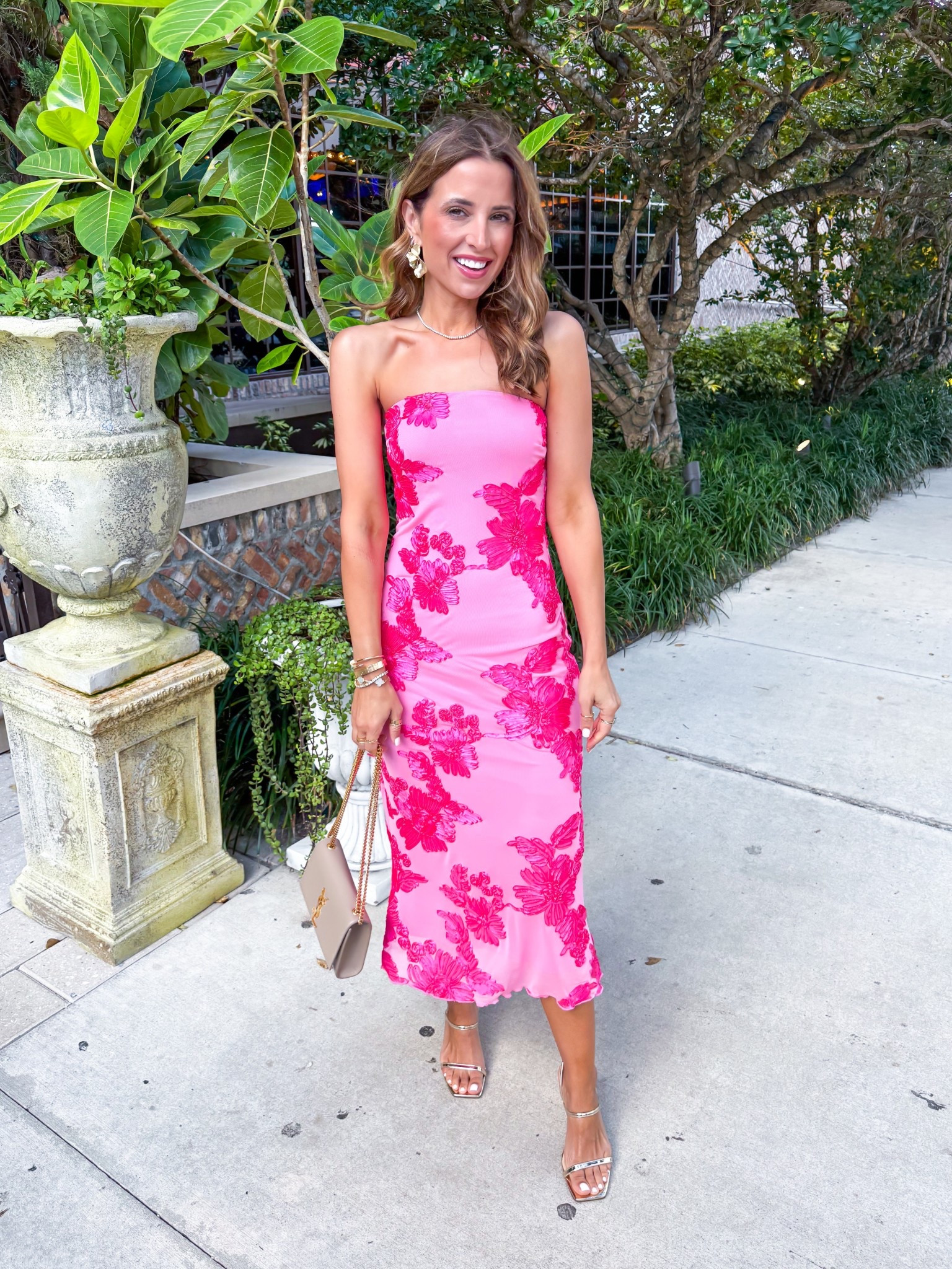 My Palm Beach dinner outfit in XS. Wedding guest dress. Spring wedding guest. Summer wedding guest. Cocktail dress. Vacation outfit. Vacation dress. Party dress. Gold heels are TTS. YSL Kate purse. 

#LTKTravel #LTKWedding #LTKootd