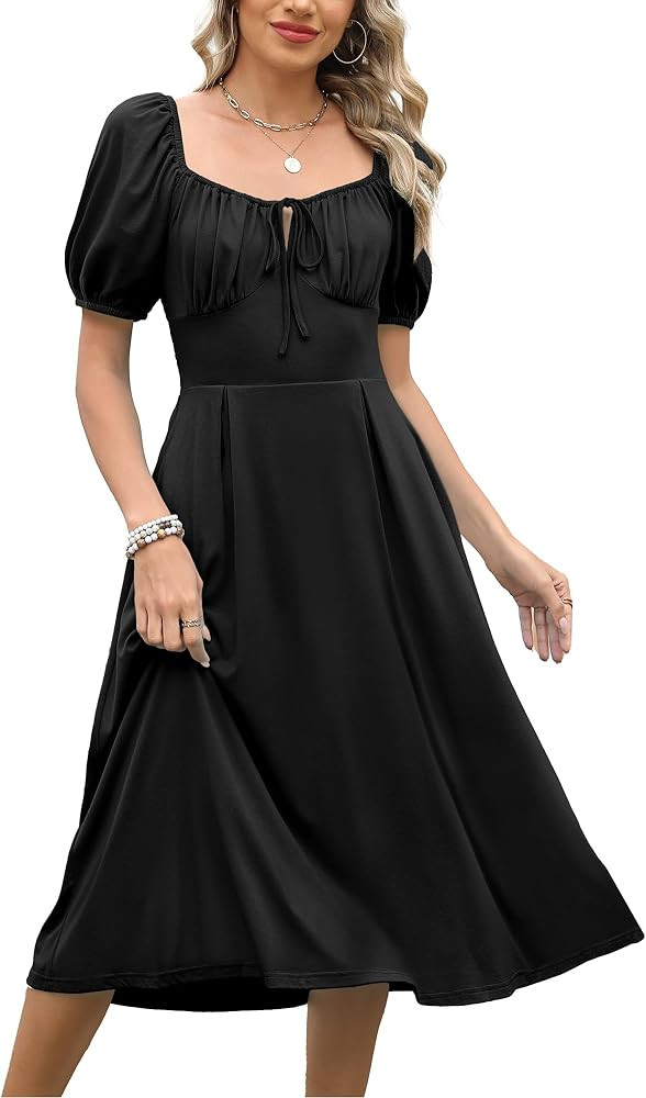 Caracilia Women Summer Casual Midi Dress Puff Short Sleeve Square Neck Floral Wedding Guest Party... | Amazon (US)