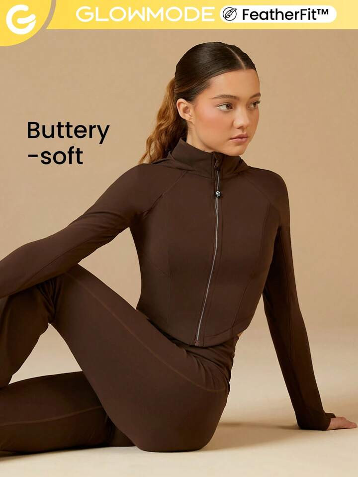GLOWMODE FeatherFit™ Cropped Curve Hem Zip-Up Jacket | SHEIN