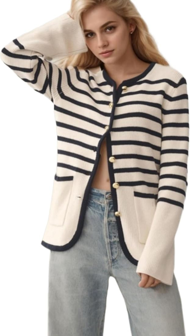 Womens Striped Cardigan Sweaters Button Down Crew Neck Trendy Long Sleeve Knit Button Up Jackets ... | Amazon (US)