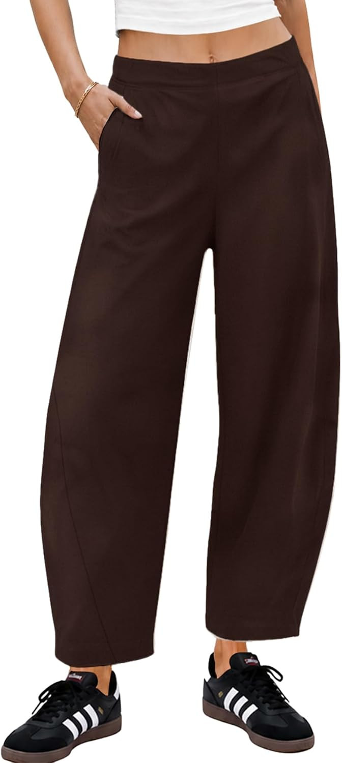 ELLEVEN Womens Barrel Baggy Pants，Elastic Waist Ankle Pants with Pockets | Amazon (US)
