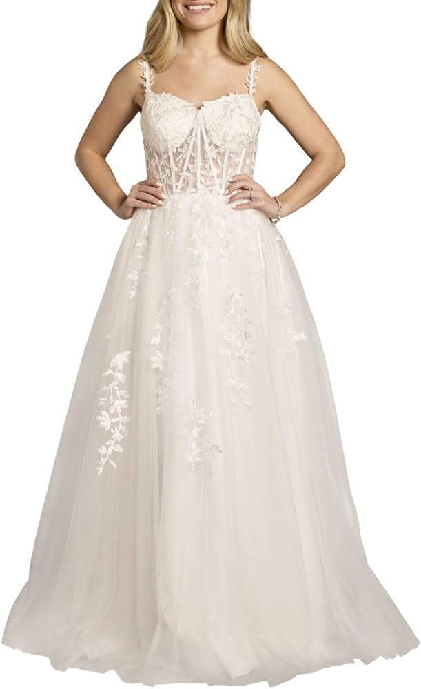 David's Bridal Lace Applique and Tulle Illusion Corset Ball Gown | Amazon (US)