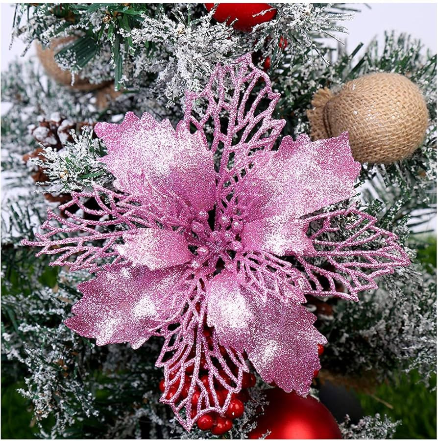 12 pcs Glitter Artificial Poinsettia Flowers Christmas Tree Ornaments Tree Wedding Wreaths Decor ... | Amazon (US)
